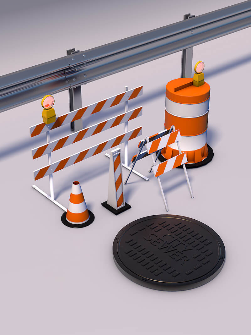 Free Street Road Construction Cones Barriers Manhole 3D Models Pack