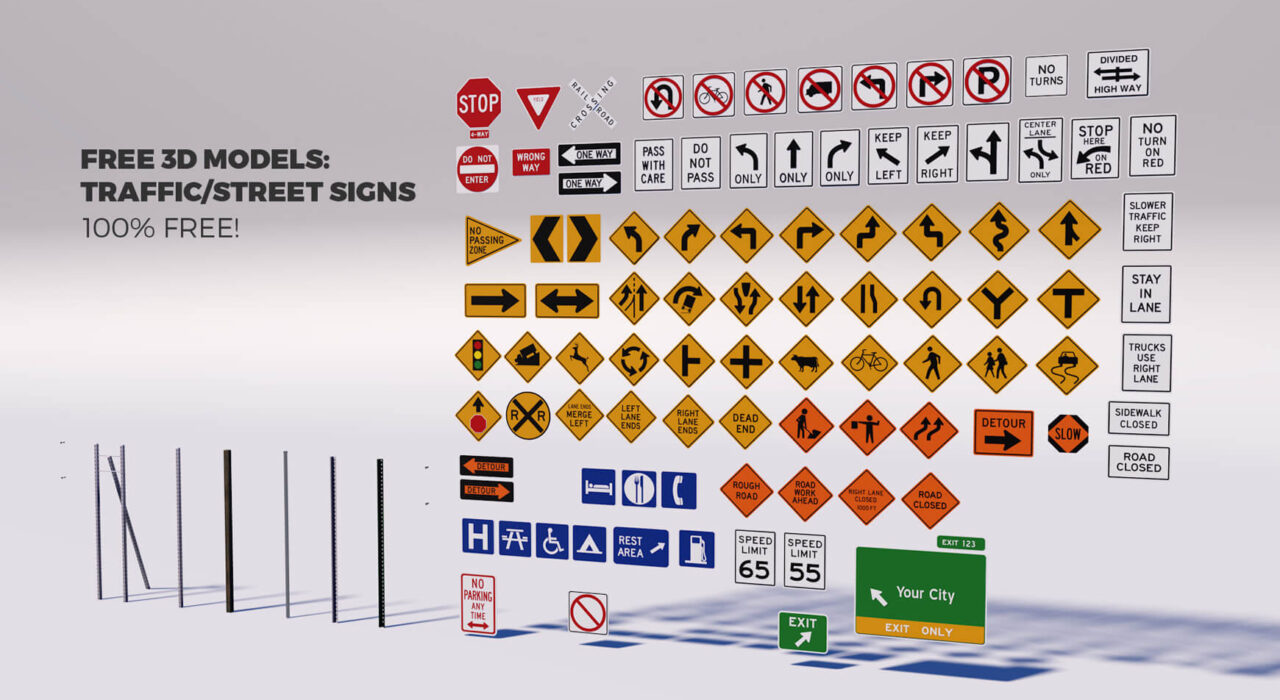 Free Street Traffic Road Signs 3D Models Pack